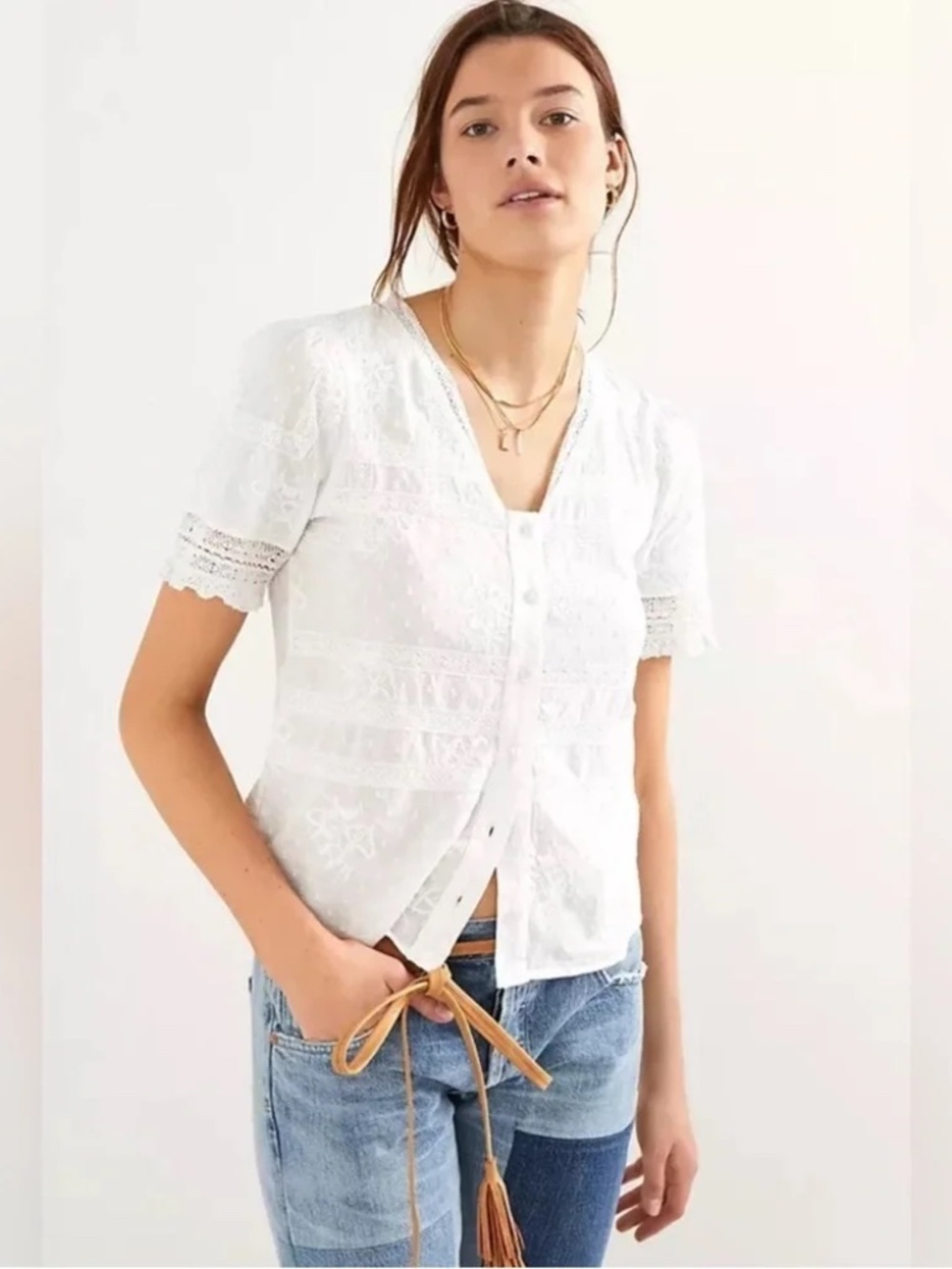 NWOT Anthropologie Forever That Girl Ivory Embroidered Sheer Short Sleeve 8P